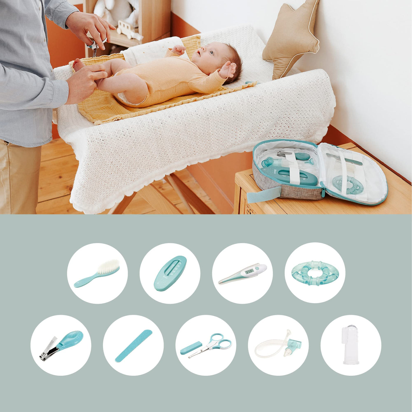 Babymoov Babypflege-Set Aqua - 9-teilig, ideal für die Baby Erstausstattung mit digitalem Fieberthermometer und Nasensauger