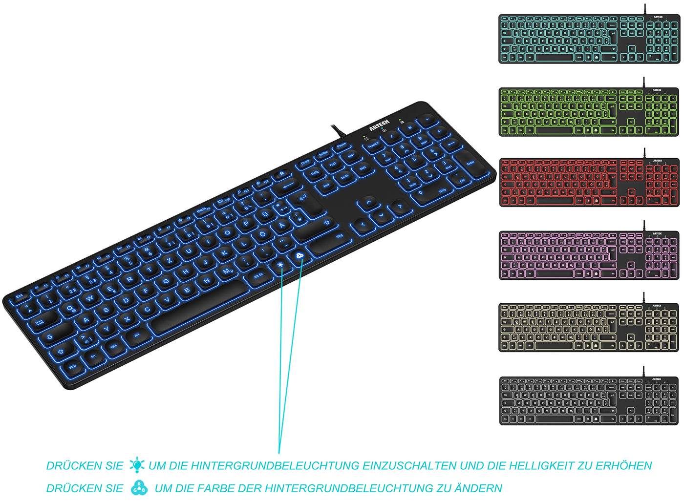 Arteck USB Kabelgebundene Tastatur Hintergrundbeleuchtung 7 Farben & Einstellbare Helligkeit Full Size Tastatur mit 1,8m langem Kabel, numerischem Keypad, für Computer Desktop Laptop und Windows 11 10