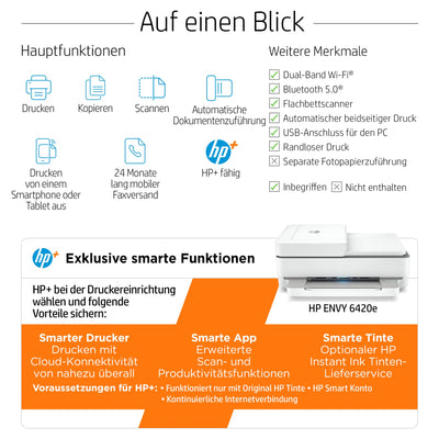 HP ENVY 6420e Multifunktionsdrucker, 20€ Cashback, 3 Monate gratis drucken mit HP Instant Ink inklusive, HP+, Drucker, Kopierer, Scanner, Mobiler Faxversand, WLAN, Automatischer Dokumenteneinzug