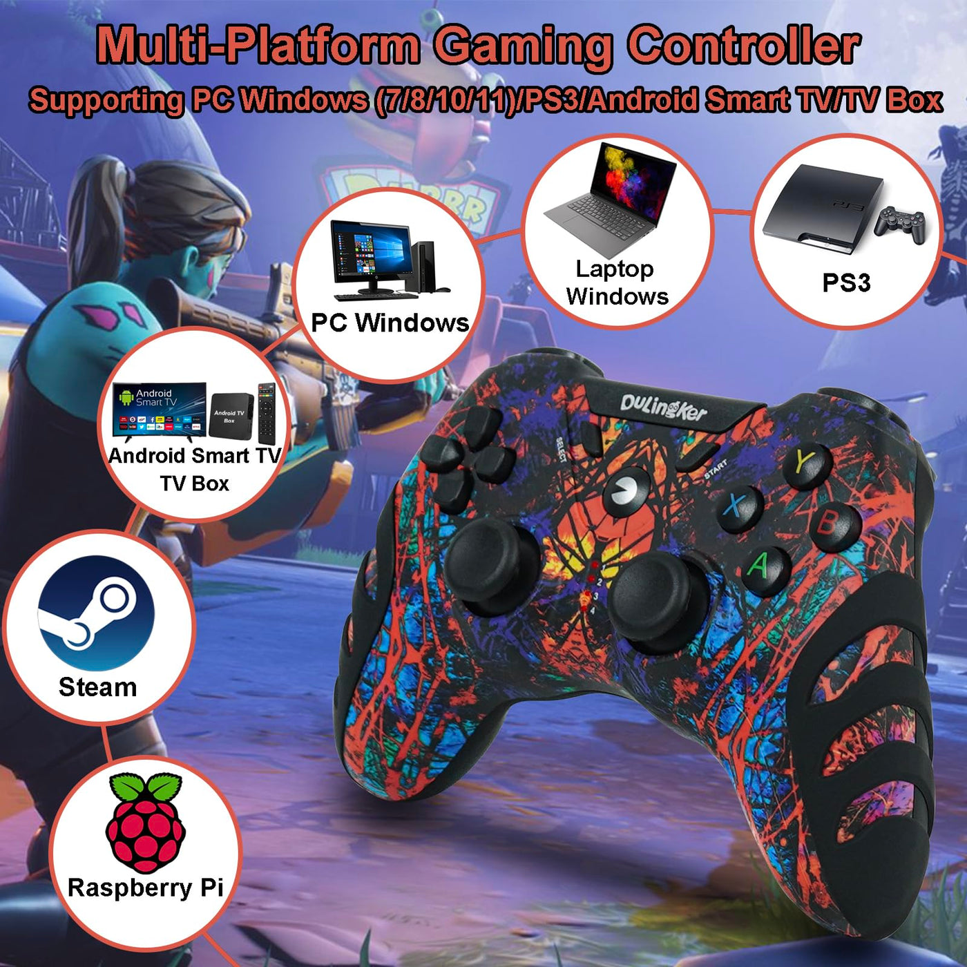 DuLingKer PC Controller Wireless, PS3 Controller PC Gamepad mit Dual Vibration, 2,4G Wireless Gaming Controller für PC Windows 11 10 8 7, PS3, Android Smart TV, TV Box, Steam, Raspberry Pi