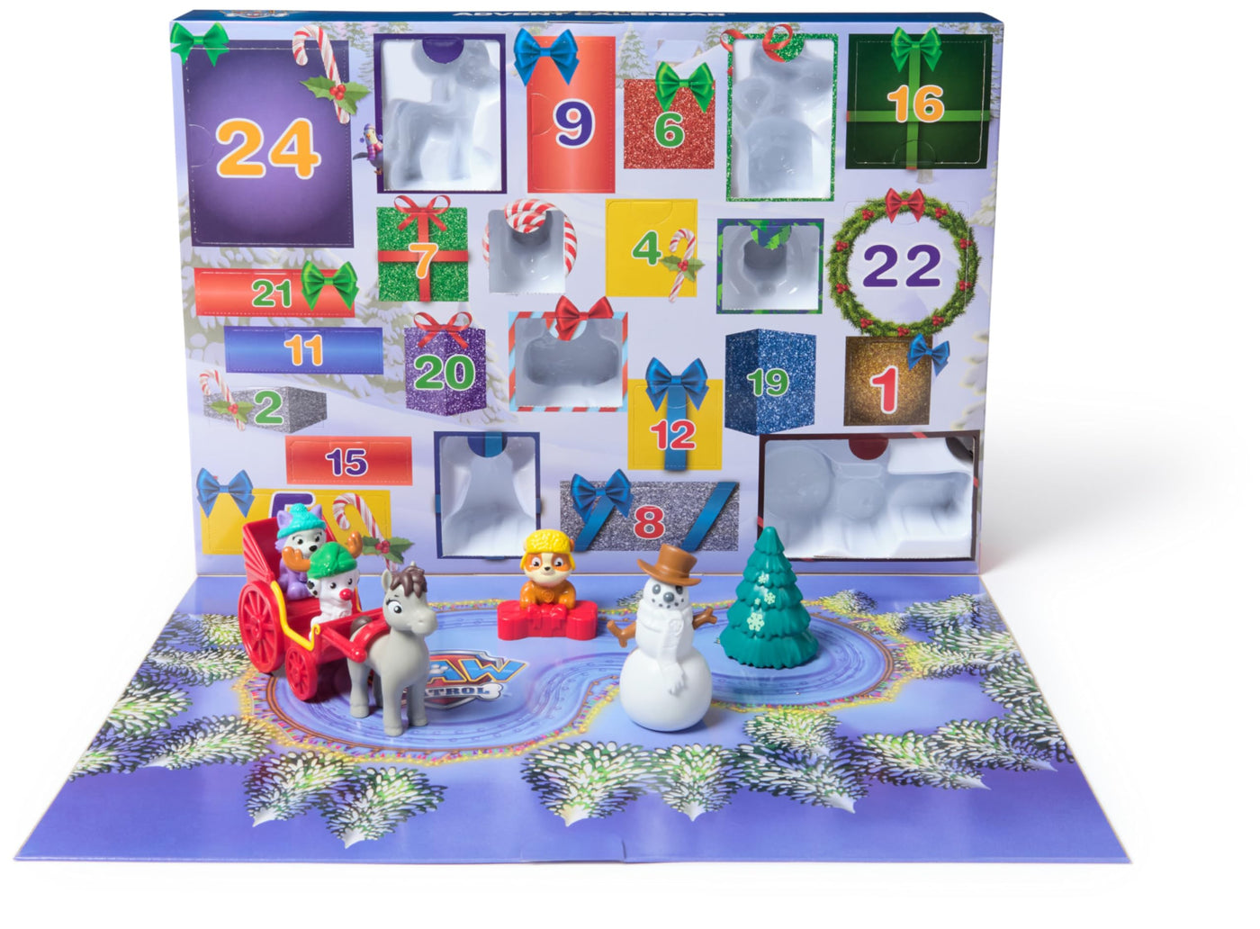 PAW PATROL Adventskalender 2024 – 24 Spielzeug-Überraschungen für eine fantasievolle Winterwelt, 7 Welpenfiguren, Tierfiguren und Zubehör, ab 3 Jahren