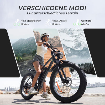 Elektrofahrrad mit 26 x 4.0 Fat Tire für Erwachsene 25km/h 250W Motor,48V 13Ah herausnehmbare Batterie Mountain Ebike Max 100 KM Reichweite,7 Gang Schaltung, Dual Crown Gabel M10 Plus Elektrofahrräder