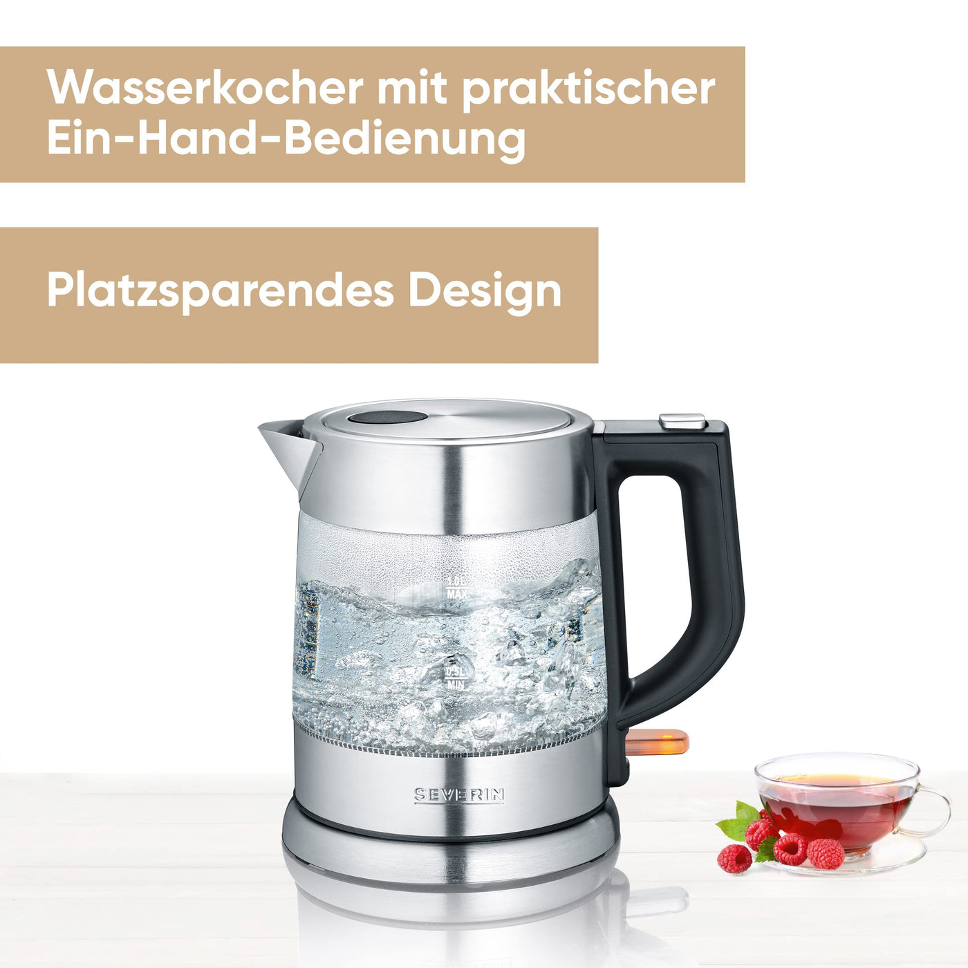 SEVERIN Glas Wasserkocher, 1.0L, leistungsstarker und kompakter Wasserkocher in hochwertigem Design, elektrischer Wasserkocher mit Kalkfilter, Edelstahl/schwarz, WK 3468