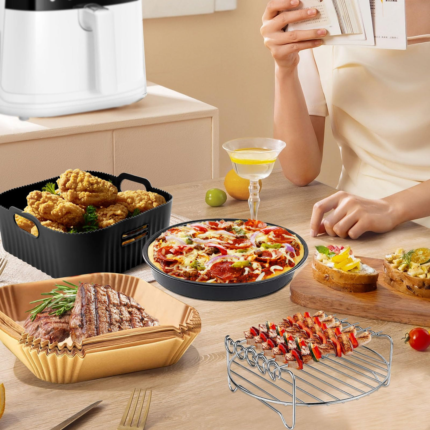 YINGRACE 23CM Heißluftfritteuse Zubehör XXL für COSORI 6,4L, 6,2L, 6L, Russell Hobbs 8L, 4PCS Airfryer Zubehör mit Grillroste Pizzapfanne Backpapier Silikonform für Heißluftfritteuse