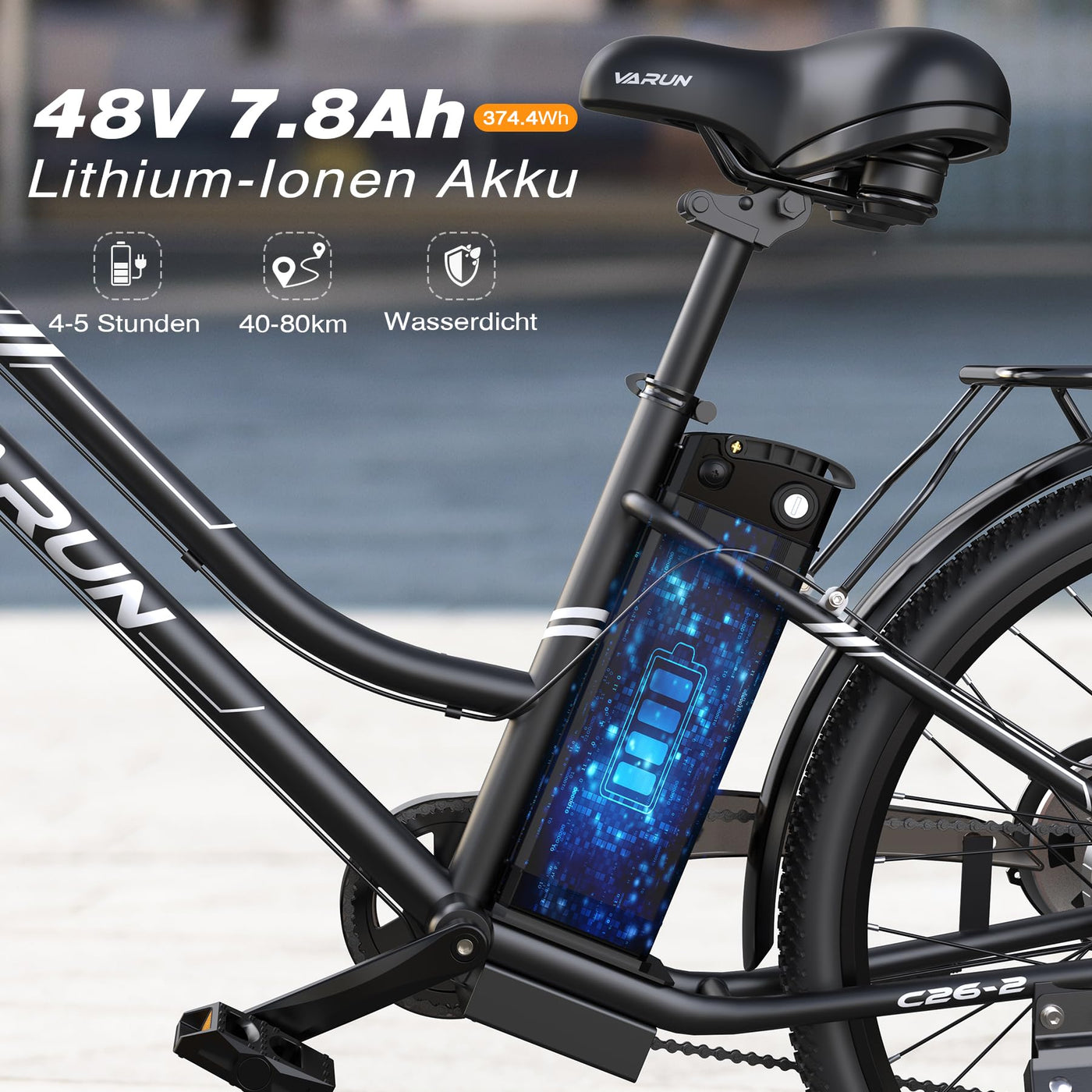 VARUN E Bike 26 Zoll, City E-Bike Damen Herren mit 55NM 250W Motor, 48V Li-Ion Akku, Elektrofahrrad mit LCD Display, 4+1 Fahrmodi, City E-Fahrrad mit bis zu 80KM