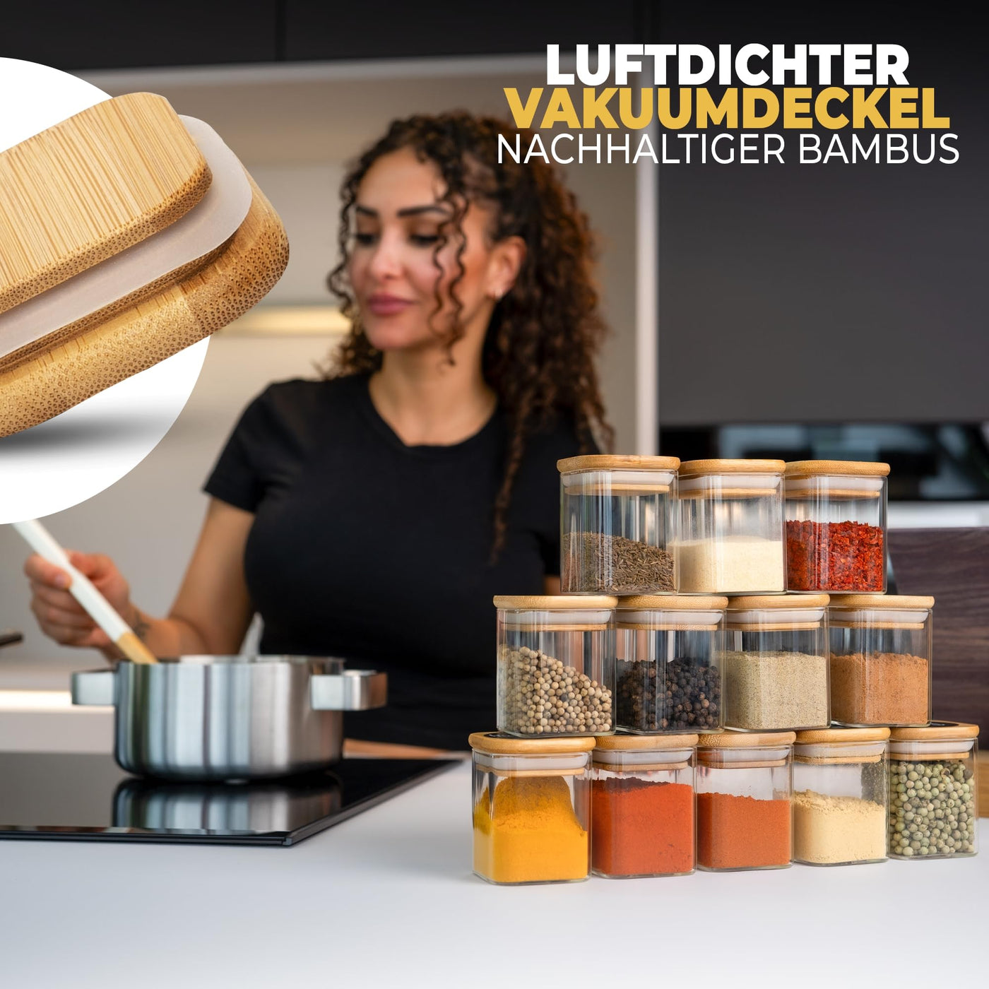 CLIDOR ® Gewürzgläser Eckig - 12 x 160 ml Set - Extra dickes Glas - Stapelbare Gewürzdosen mit Holzdeckel - Gewürz Organizer klein für die Küche - Spice Jars - geeignet als Gewürzaufbewahrung