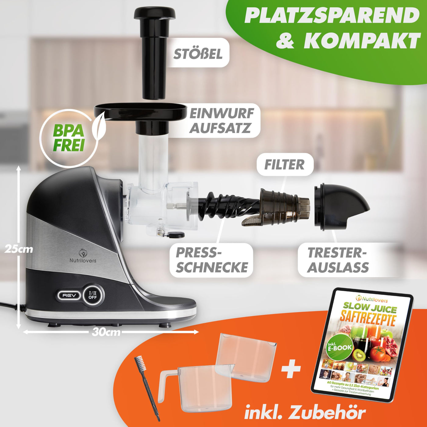 Extracteur de jus de fruits et légumes Nutrilovers Slow Juicer - Marque allemande - Design compact en acier inoxydable, 100 % sans BPA, facile à nettoyer - Livre électronique de recettes + application Nutri-App inclus