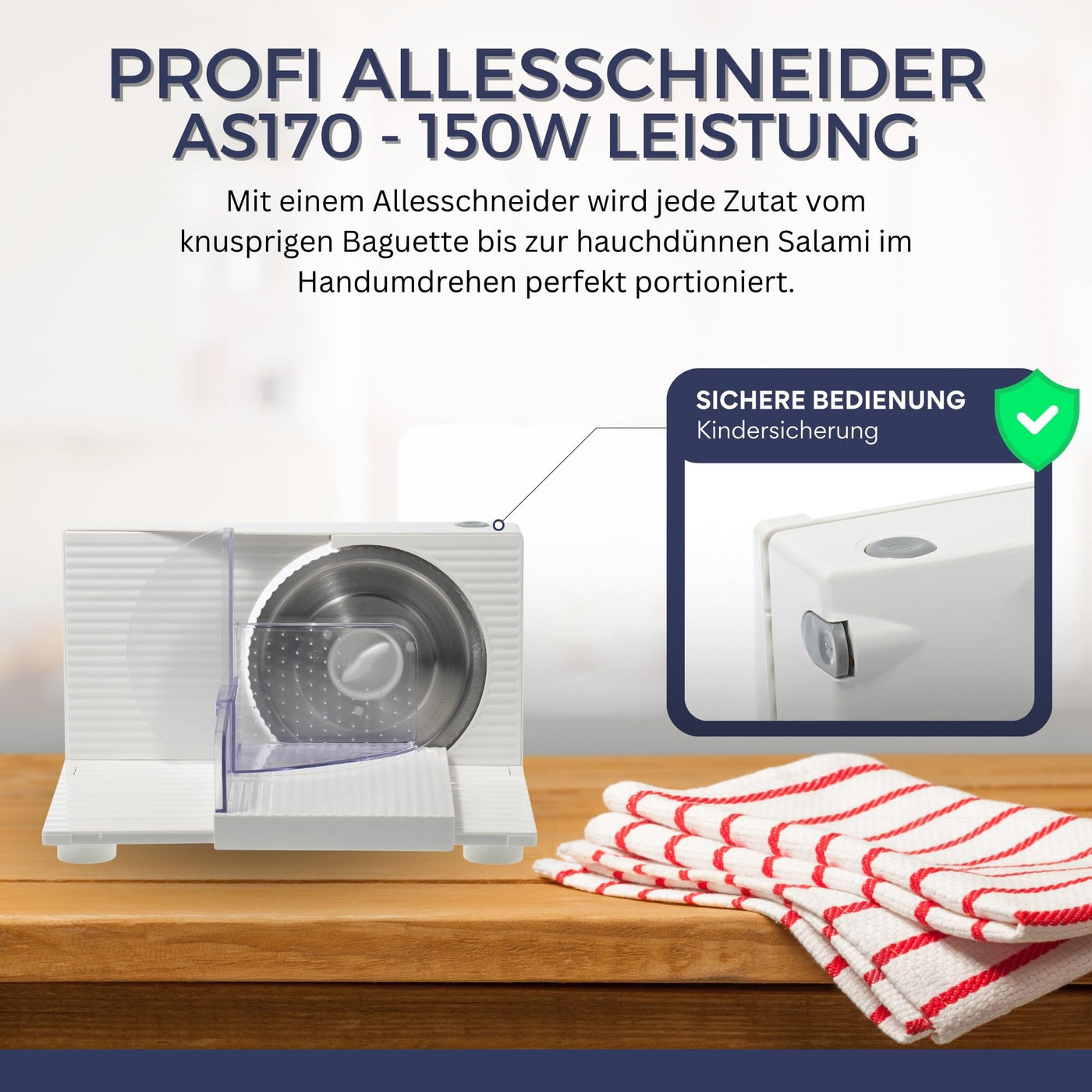 Sommertal Allesschneider AS170 150W Edelstahlmesser mit Wellenschliff, Klappbar platzsparend, elektrische Schneidemaschine Brotschneidemaschine, Profi Aufschnittmaschine Weiß 0-15mm