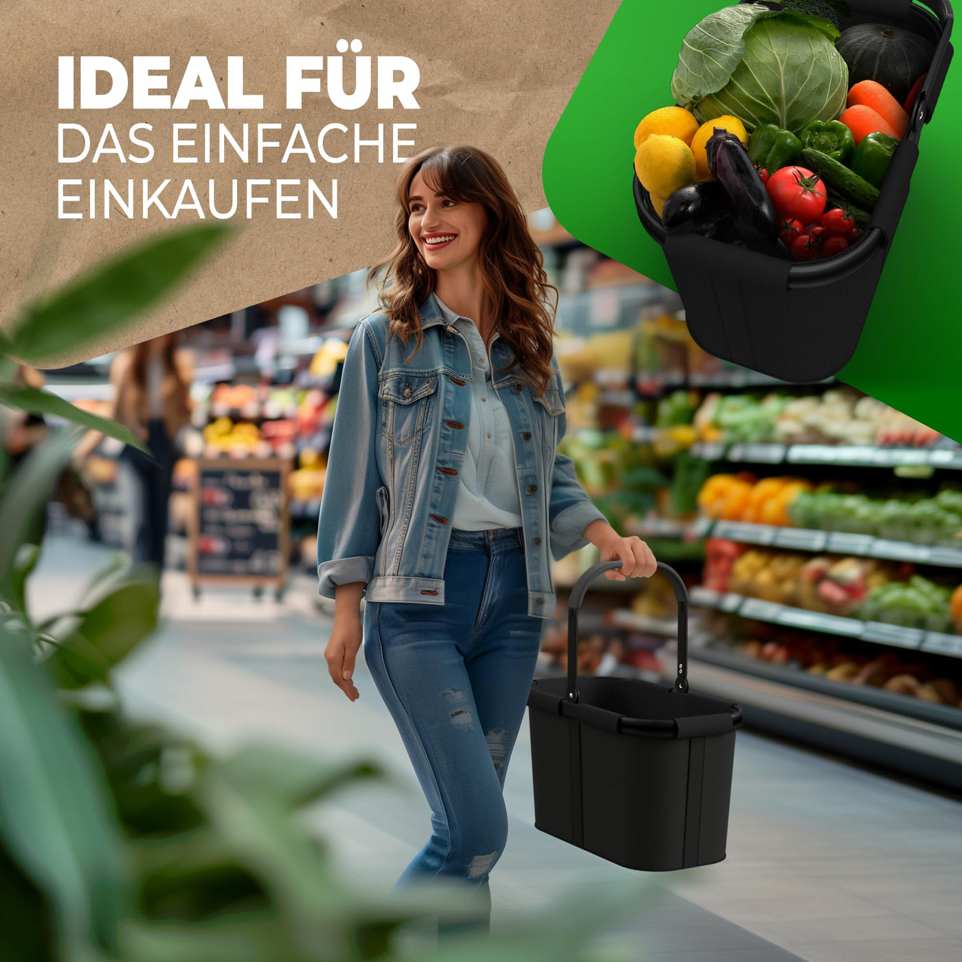 Cottara® stabiler Einkaufskorb groß | Tragekorb mit Henkel und verstärktem Boden, Frontfach und Innentasche mit Reißverschluss | Ideal als Einkaufstasche, Picknickkorb oder Shopper (Schwarz)