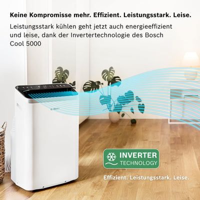 Bosch Cool 5000 mit Invertertechnologie Mobiles Klimagerät - 3-in-1: Klimagerät, Luftentfeuchter, Ventilator - 3,4 kW für Räume bis zu 46 m² - Mit Auto-Modus, Silent-Modus & Sleep-Modus