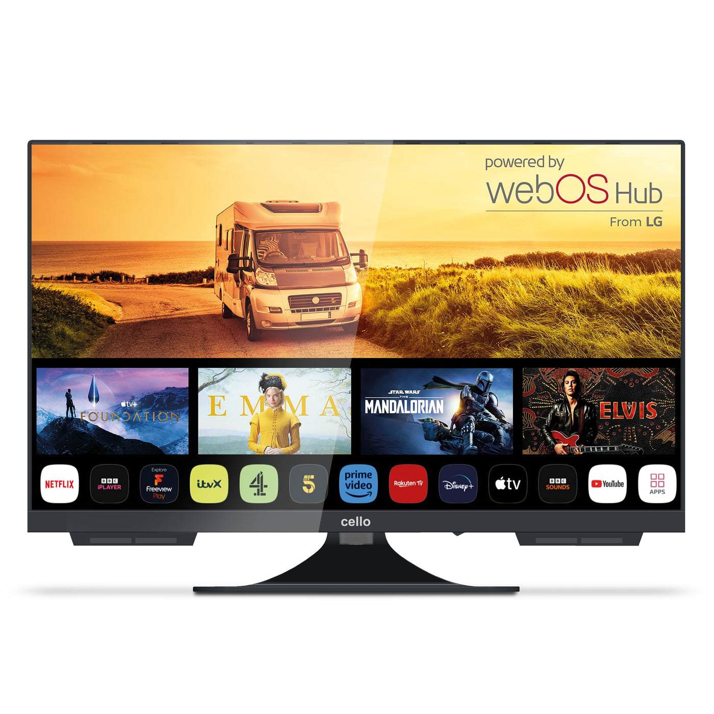 Cello C2224WS Trav 22" Zoll SMART Full HD 12V Camping Reise TV Rahmenlos Triple Tuner Bluetooth WebOS by LG Pitch Perfect Lautsprecher Wohnmobil LKW Boot [2024]