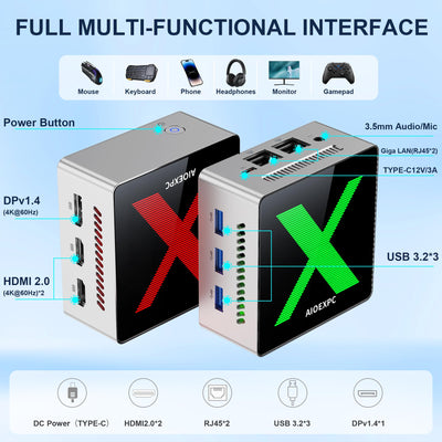 AIOEXPC Mini PC Ιntel Alder Lake N100,Mini PC Windows 11 Pro LPDDR5 16GB RAM 512GB SSD,WiFi6,BT5.2,Mini Desktop PC 2xHDMI,1xDP,4K UHD,Mini PC mit 3 RGB-Lichtmodi für Büro/Heim/Geschäft