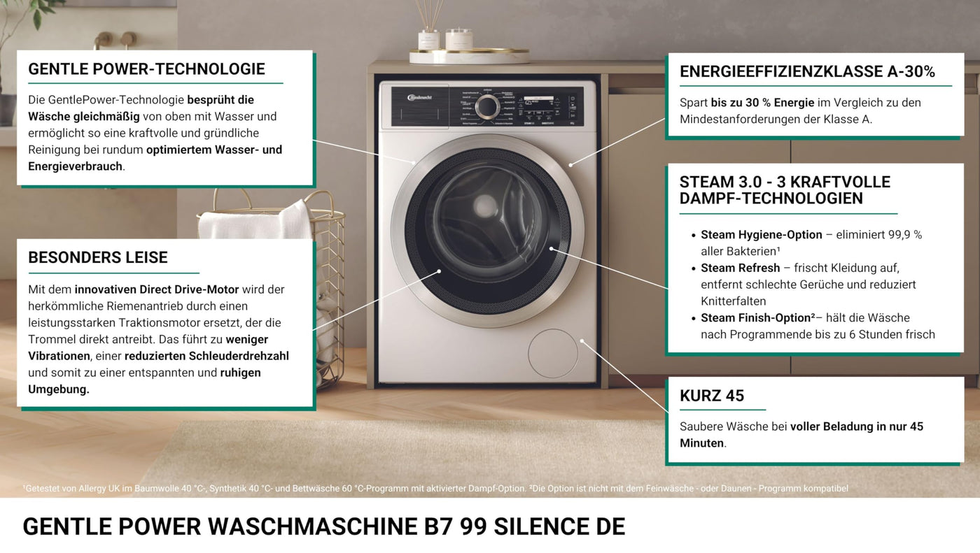 Bauknecht B7 99 SILENCE DE Waschmaschine/Gentle-Power/A-30%/ SteamHygiene/SteamRefresh/SteamFinish/Volle Ladung 45Min./ Besonders leise Waschmaschine/Direct Drive-Motor/Vollwasserschutz