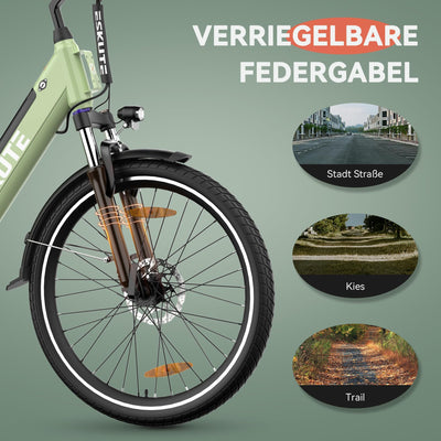 ESKUTE C100 E-Bike, 26 Zoll Elektrofahrrad, E-Cityrad 250W HeckMotor, 375Wh Wechselakku,bis zu 60km, LCD-Display, Tiefeinsteiger E-CityBike Für Damen und Herren Erwachsene Grün