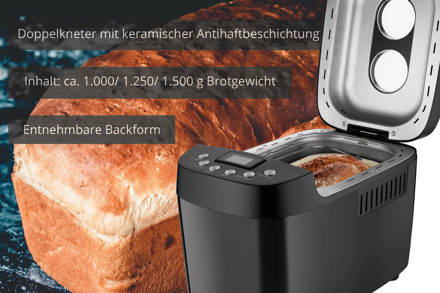 Unold 68525 BACKMEISTER Big Black - Schwarz, für bis zu 1.500g Brot, 15 Programme, auch für glutenfreies Brot, Timerfunktion, Waremhaltefunktion, LCD Display