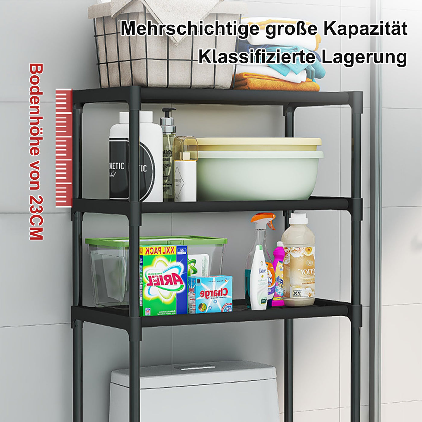 acfeco Waschmaschinenregal mit 3 Ablagen, Waschmaschinen Regal, Badezimmerregal, Regal über Waschmaschine Toilette, Badregal, WC Regal Platzsparender(Schwarz)