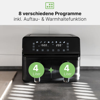 Clatronic® Doppel-Heißluftfritteuse | 8 Liter | XXL Heißluftfritteuse | Doppelkammer | Frittieren mit heißer Luft ohne zusätzliches Öl | 8 Programme | Air Fryer |Touchscreen | 2700 Watt | FR 3804 H