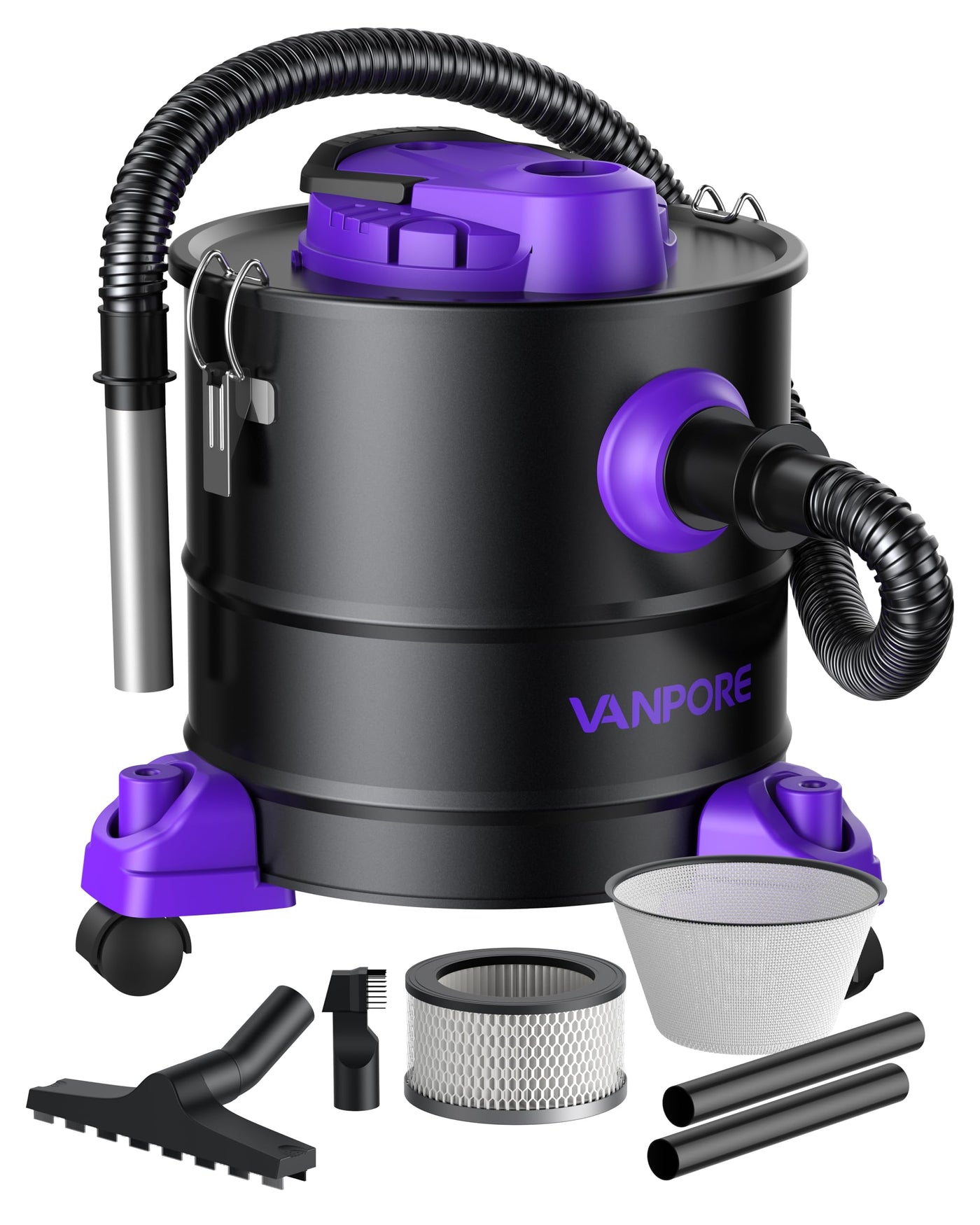 VANPORE Aschesauger für Kamin, 20L Aschesauger, 1200W Starke Saugleistung, Kamin Staubsauger mit Rollfuß, Für Kamin, Pelletgrill, Ofen und Feuerstelle (Purple)