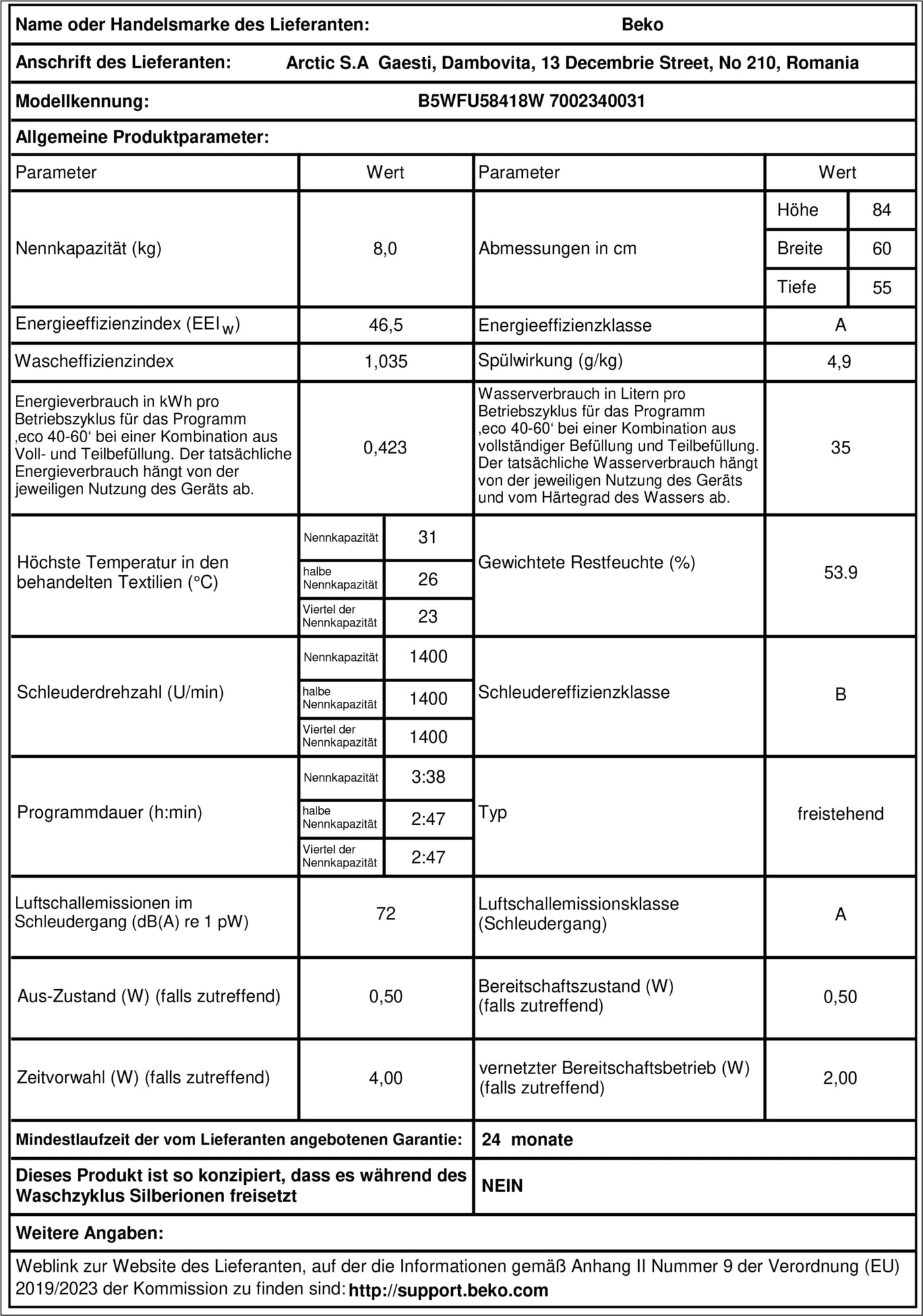 Beko B5WFU58418W bPRO 500 freistehende Waschmaschine, Waschvollautomat, 8 kg, AquaTech, Schleuderwahl, 1400 U/min, Bluetooth, Dampffunktion, Hygiene+ allergikergeeignet, Weiß