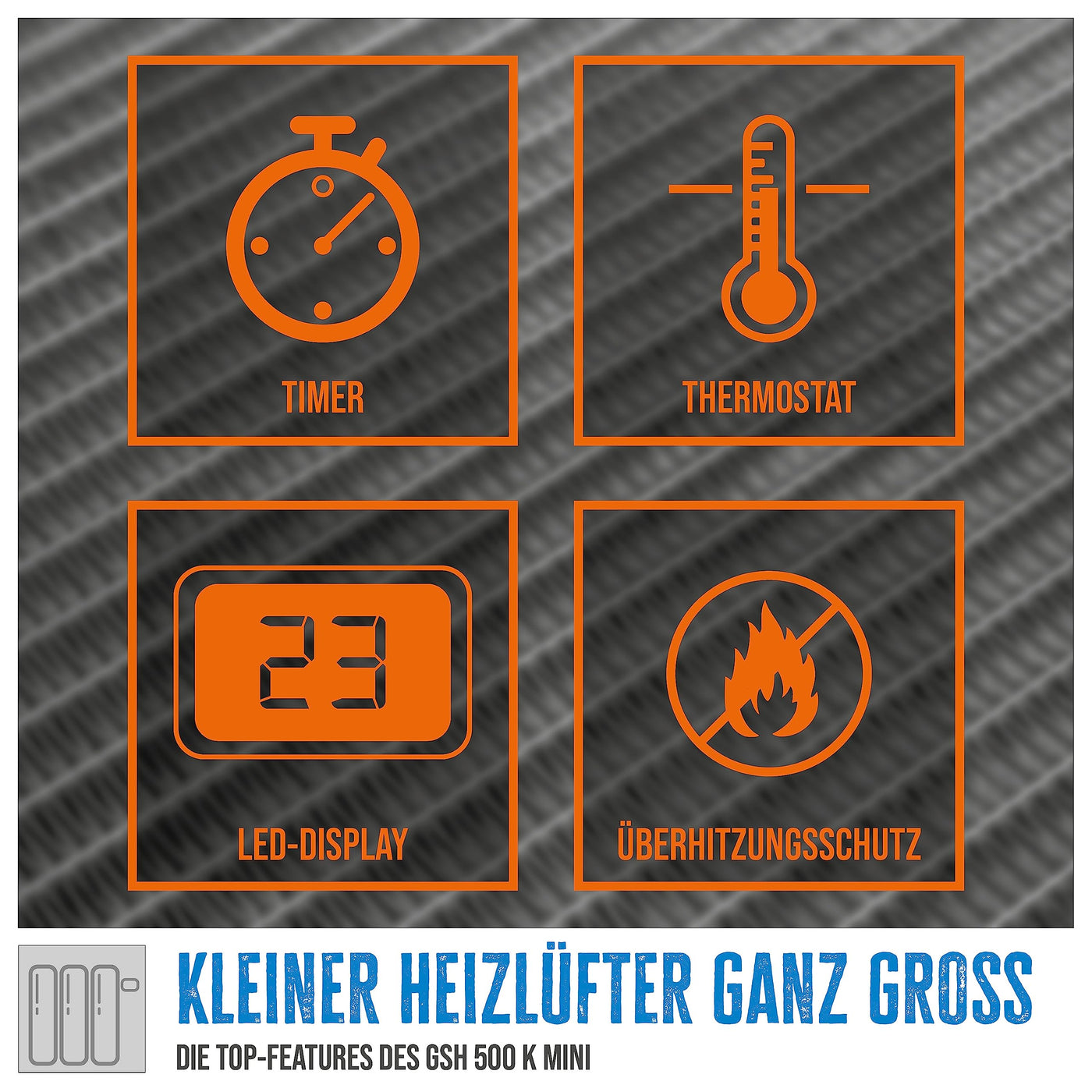 Güde Steckdosen-Heizlüfter GSH 500 K mini (230 V, 500 W Heizleistung, 28,46 m³/h Gebläseleistung, PTC-Keramik Heizelement, 90° drehb. Netzstecker, Timerfunktion, LED-Display, regulierbarer Thermostat)