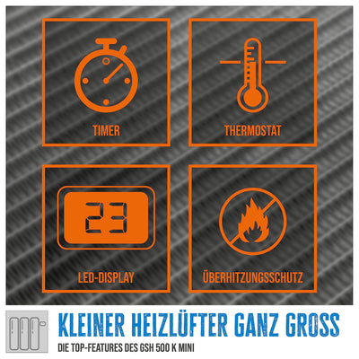 Güde Steckdosen-Heizlüfter GSH 500 K mini (230 V, 500 W Heizleistung, 28,46 m³/h Gebläseleistung, PTC-Keramik Heizelement, 90° drehb. Netzstecker, Timerfunktion, LED-Display, regulierbarer Thermostat)