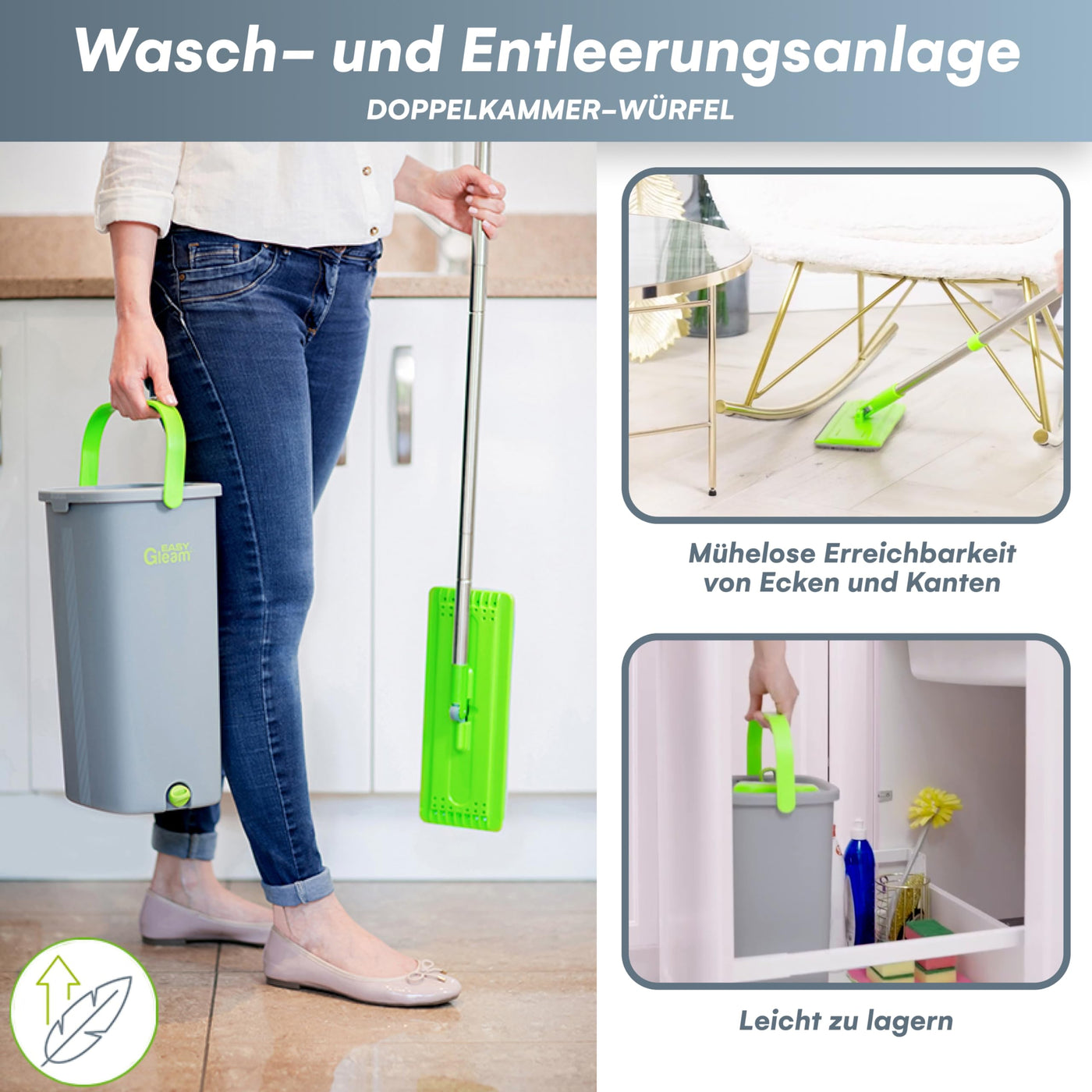 EasyGleam Mop und Eimer Set - Flachbodenmopp mit Teleskopstange, Innovativer Mop Zweikammer Eimer für Nass- und Trockenanwendung, 2 Mikrofaserpads, Perfekt für Alle Bodenarten, Reinigung und Pflege