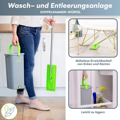 EasyGleam Mop und Eimer Set - Flachbodenmopp mit Teleskopstange, Innovativer Mop Zweikammer Eimer für Nass- und Trockenanwendung, 2 Mikrofaserpads, Perfekt für Alle Bodenarten, Reinigung und Pflege