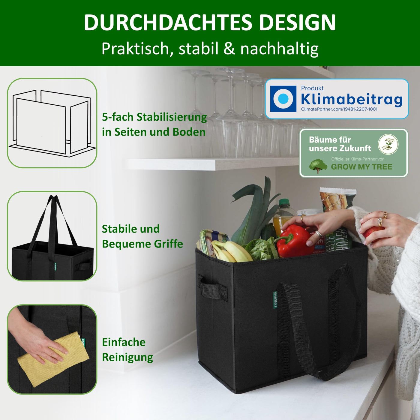 COTTARA® große Einkaufstasche faltbar 3er Pack & Obstnetz – stabiler großer Einkaufskorb faltbar mit verstärktem Boden – Ideale Einkaufstasche für Einkaufswagen & Kofferraum – 80 L Schwarz