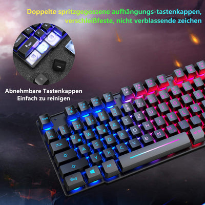 Gaming Tastatur Und Maus Set, QWERTZ German Layout Regenbogen LED Hintergrundbeleuchtung Ergonomische Keyboard 6 Tasten 2400 DPI Maus und Mauspad, USB Verkabelt, Kompatibel mit PS4 Xbox, Schwarz