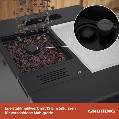 GRUNDIG KVA 6230 Kaffeevollautomat mit Milchaufschäumdüse, Edelstahlmahlwerk mit 13 Mahlgraden, 250 g Bohnenbehälter, 2 Liter abnehmbarer Wassertank, 19 Bar Pumpendruck, Touch-Display, Schwarz