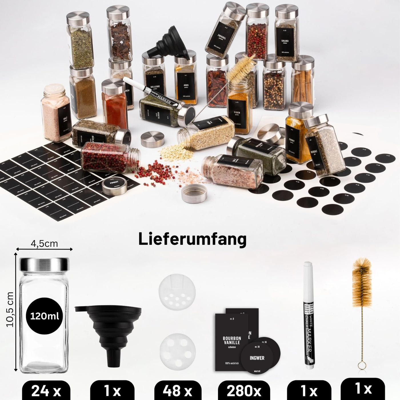 Deco haus® Gewürzgläser eckig luftdicht 24er Set [inkl. Etiketten & Streueinsatz] - Gewürzdosen Set Glas - Gewürzbehälter Spice Jars - Gewürze Aufbewahrung - Gewürz Organizer - Gewürzaufbewahrung