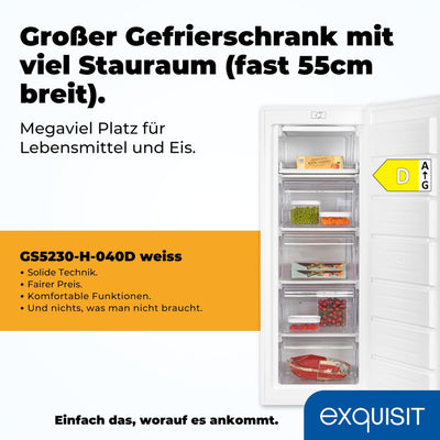 Exquisit Gefrierschrank, Tiefkühlschrank Groß 168 L Volumen, 4* Gefrieren, Türanschlag wechselbar, Gefrierschrank Gross 55cm Breite, GS5230-H-040D weiss