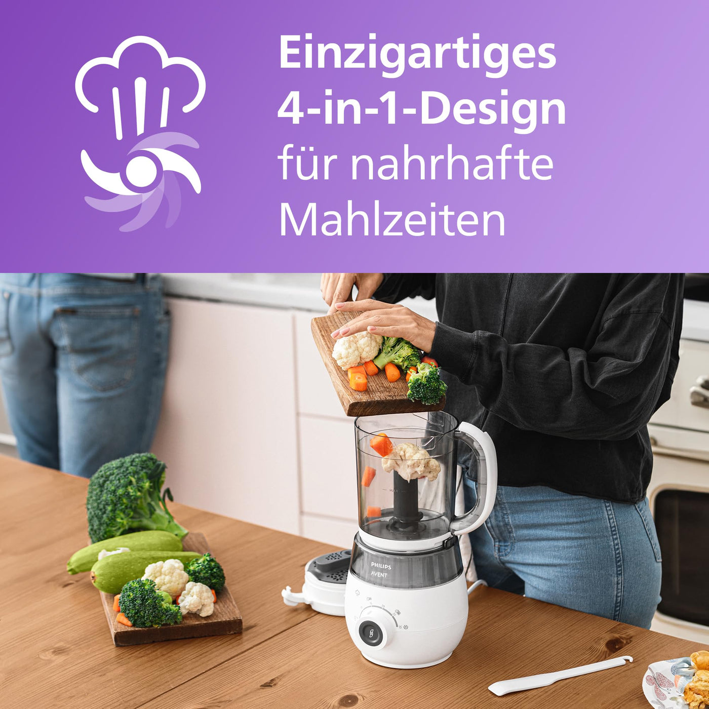 Philips Avent 4-in-1 Dampfgarer mit Mixer Premium, Babynahrungszubereiter, Dampfgaren, Pürieren, Auftauen, Aufwärmen, spülmaschinenfest, Modell SCF883/01