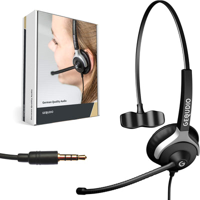 GEQUDIO Headset mit 3,5mm Klinke kompatibel mit FritzFon C6, X6, MacBook, Smartphone, Speedphone, Notebook, PC, Laptop - Kopfhörer & Mikrofon mit Ersatz Polster - leicht 60g (1-Ohr)