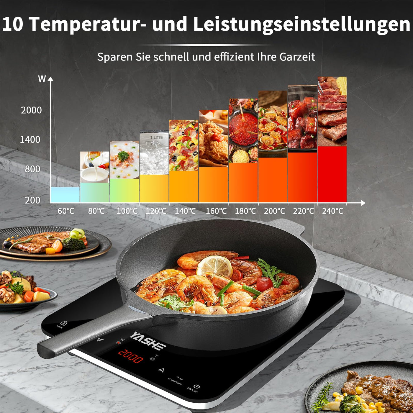 YASHE Induktionskochfeld – Einzel Induktionskochplatte, 10-Leistungseinstellung und 10-Temperaturstufen, 2000W Induktionskochfeld 1 Platte, 4-Stunden-Timer, Sicherheitsschloss, Mobil