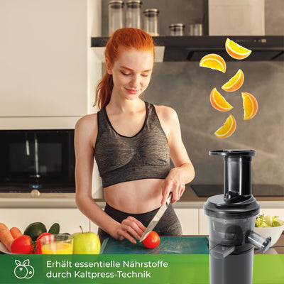 KLAMER Slow Juicer Gemüse und Obst, Entsafter mit Rückwärtsgang, elektrische Fruchtpresse mit Bürste und 2 Behältern, schlankes Design, schwarz