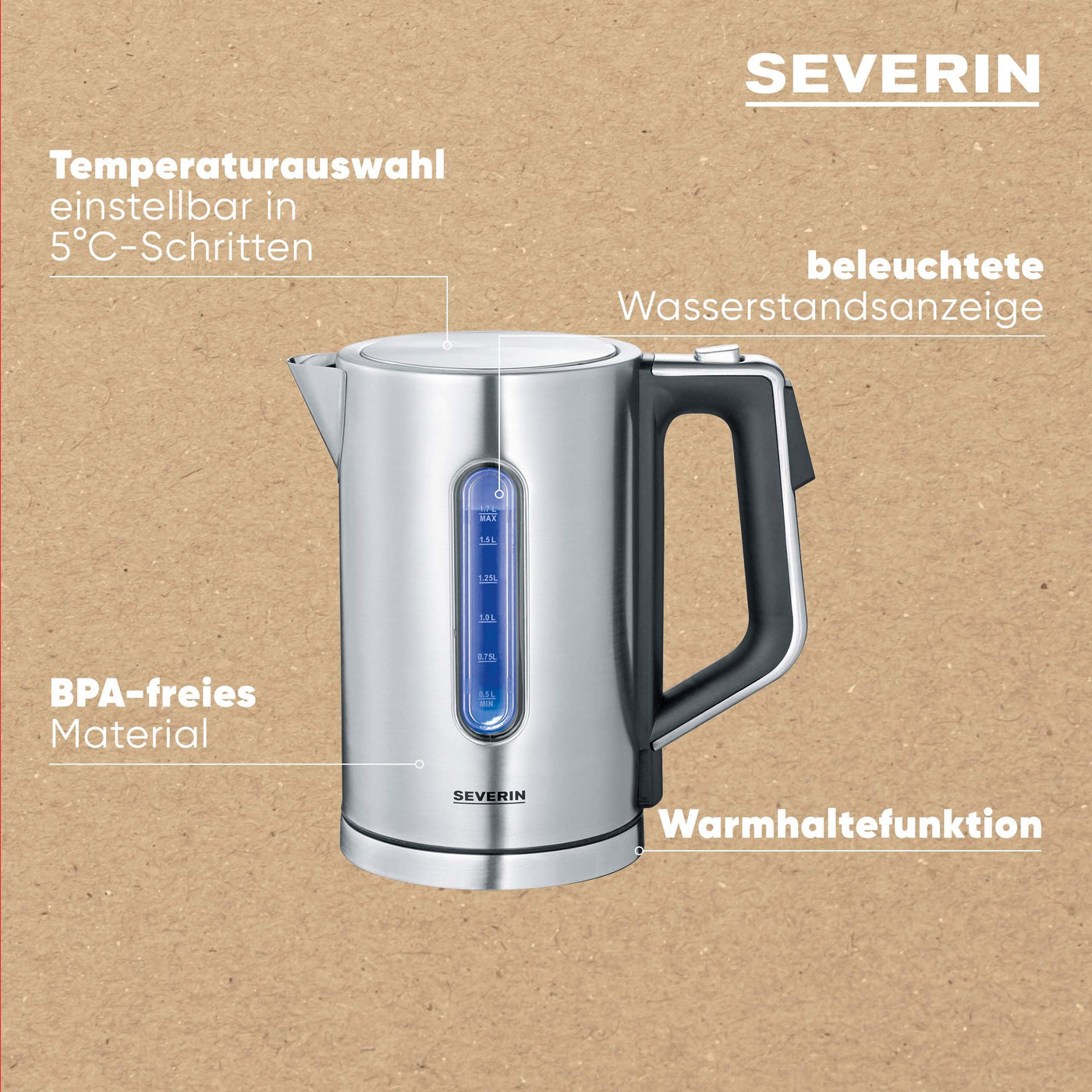 SEVERIN Digitaler Wasserkocher mit Fast-Boil-Power und individueller Temperaturauswahl, 1,7 l XXL-Füllvolumen, Edelstahl-gebürstet / Schwarz, 3000 W, 100% BPA-frei, WK 3418