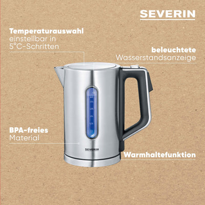 SEVERIN Digitaler Wasserkocher mit Fast-Boil-Power und individueller Temperaturauswahl, 1,7 l XXL-Füllvolumen, Edelstahl-gebürstet / Schwarz, 3000 W, 100% BPA-frei, WK 3418