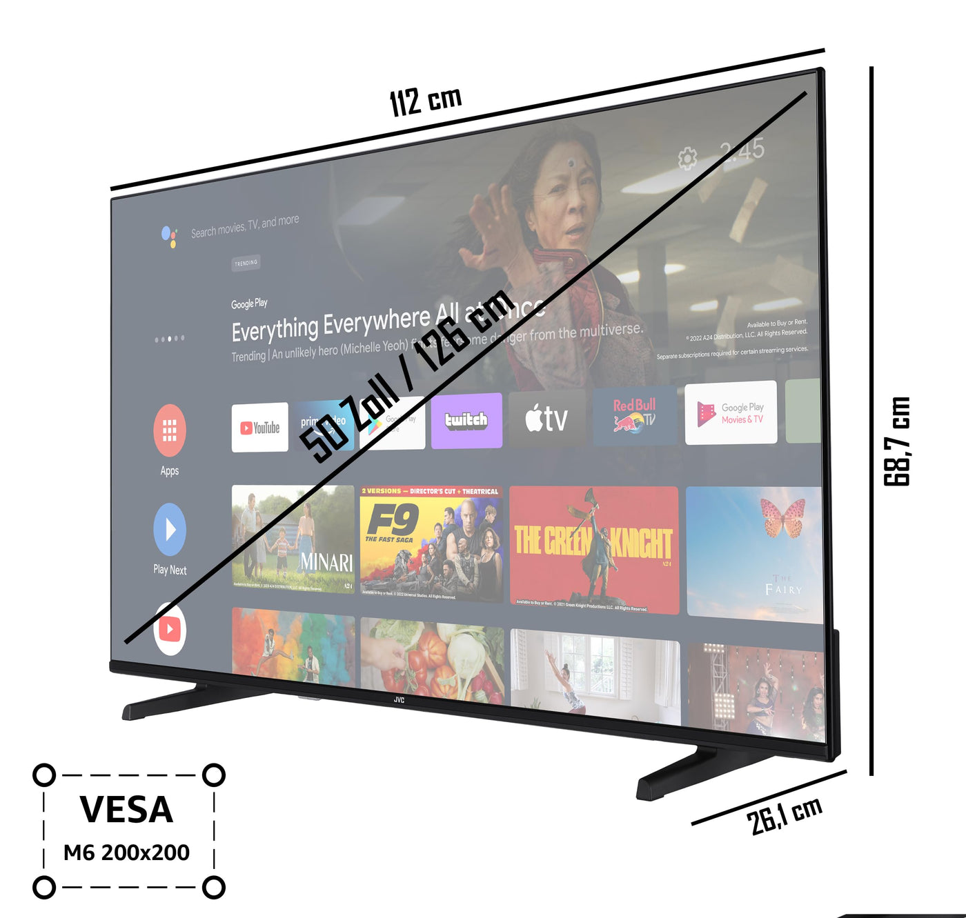 Téléviseur 50 pouces JVC LT-50VA3355/Smart TV Android (4K Ultra HD, HDR Dolby Vision, triple tuner, Bluetooth, Dolby Atmos) [2023], noir