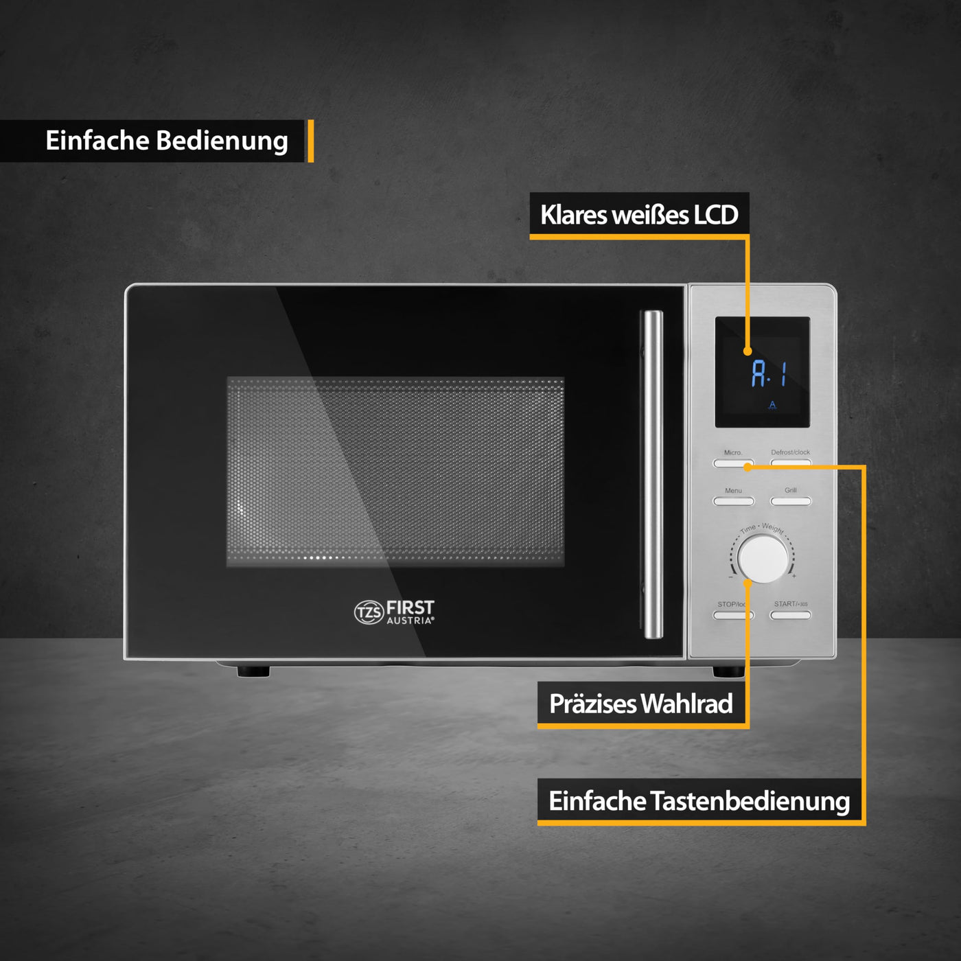 TZS First Austria Mikrowelle mit Grillfunktion | 20L Kapazität (brutto) | Schnellstartfunktion | LCD-Display | 8 Automatikprogramme | Edelstahl