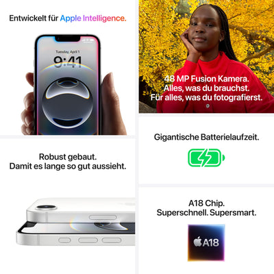 iPhone 16e 256 GB: Entwickelt für Apple Intelligence, A18 Chip, Gigantische Batterielaufzeit, 48 MP Fusion Kamera, 6,1" Super Retina XDR Display, Weiß