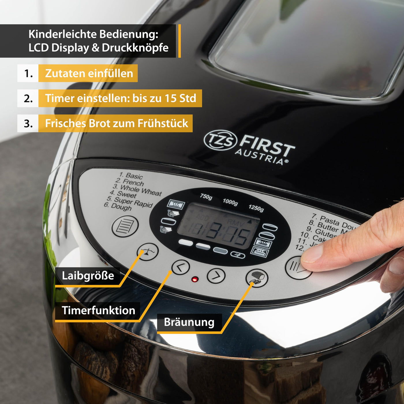 TZS First Austria Brotbackautomat mit 12 Automatikprogrammen, 700g-1000g-1250g Füllmenge, Timer, einstellbare Bräunungsgrade und Warmhaltefunktion - 850W