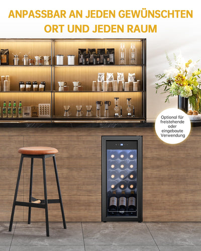 WIE Weinkühlschrank Compressor 53 Liter 18 Flaschen Getränkekühlschrank Kleiner Weinschrank Klein Wein-Kühlschrank mit Glastür,Vollglas-Designtür mit LED Touchpanel,Anti-UV, Wine Fridge 5-18°C