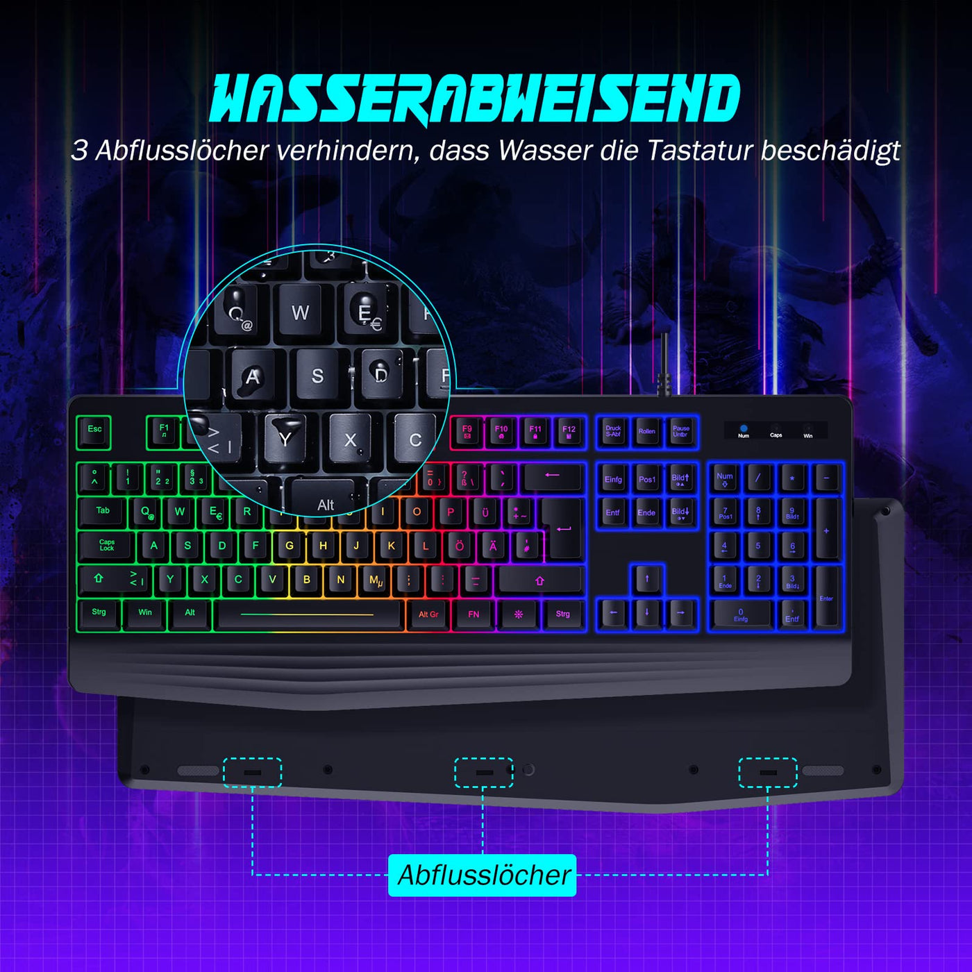 Gaming Tastatur PC, PS4 Tastatur USB, Regenbogen Beleuchtete Tastatur LED, Langlebig, Ergonomisch, Wasserdicht, Leise Tasten, Gaming Keyboard ideal für PC Mac Xbox PS4 Gamer|Büro（Deutsches Layout）