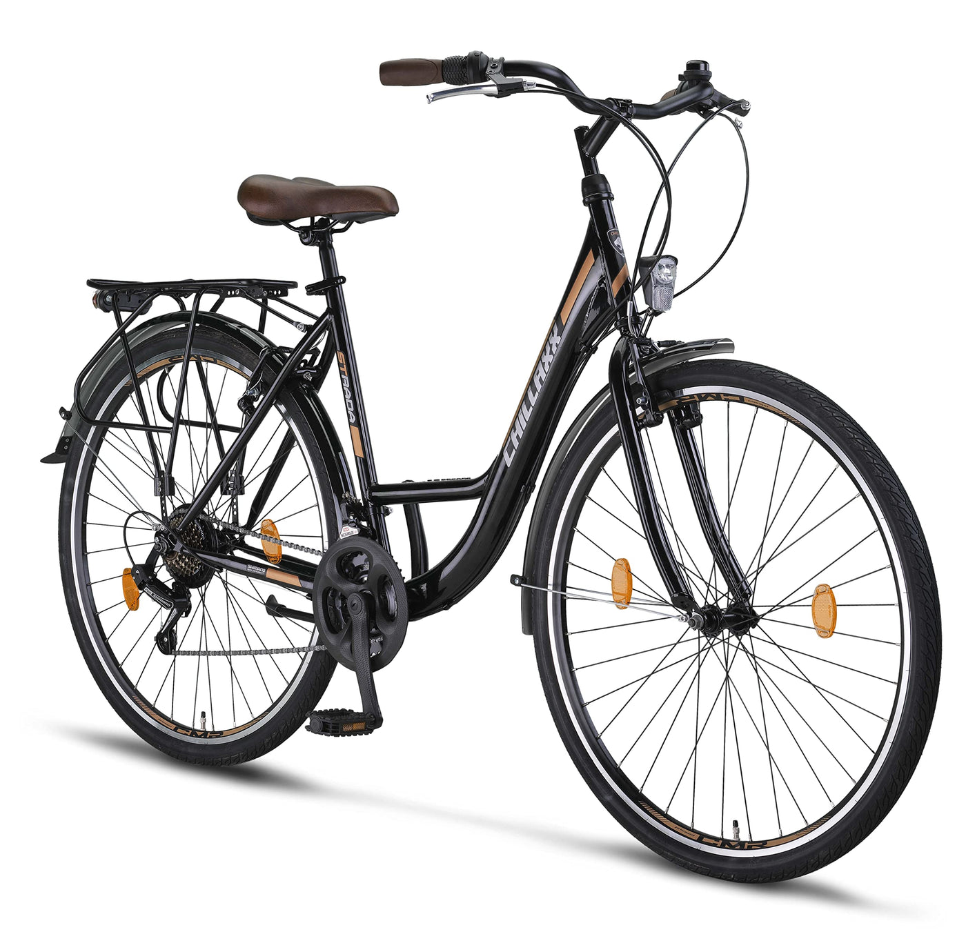 Chillaxx Bike Strada Premium City Bike in 26 und 28 Zoll - Fahrrad für Mädchen, Jungen, Herren und Damen - 21 Gang-Schaltung - Hollandfahrrad Citybike (28 Zoll, Schwarz V-Bremse)