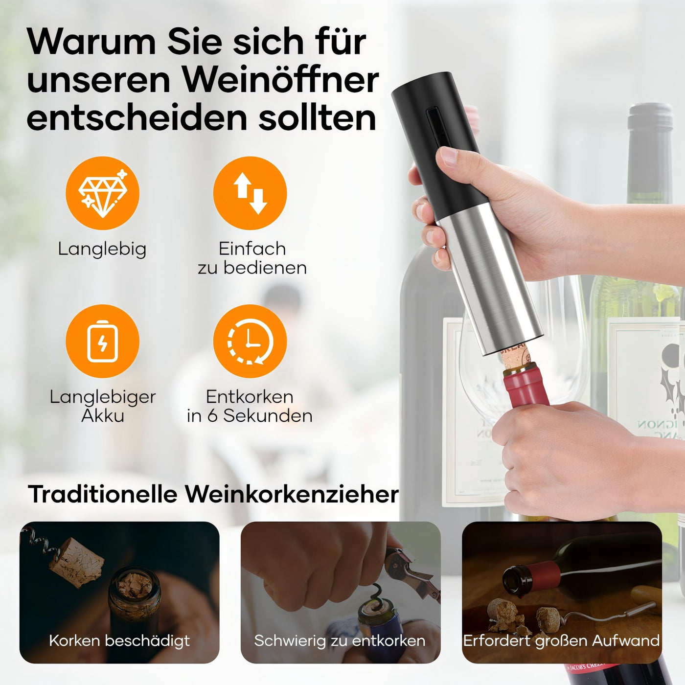 Korkenzieher Elektrisch, Assark Weinflaschenöffner Set, Automatischer Flaschenöffner, Geschenkidee Weinflaschenöffner, Korkenzieher Wein mit Folienschneider, USB-Kabel, Vakuumstopfen und Weinausgießer