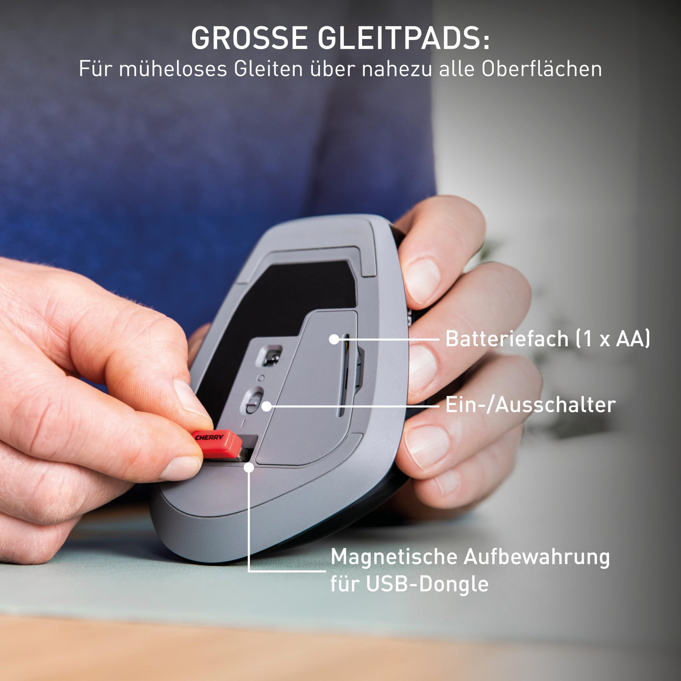 CHERRY STREAM MOUSE COMFORT, Kabellose Ergonomische Maus mit Gummierter Daumenauflage, Speziell für Rechtshänder, 2,4 GHz Funk, 6 Flüsterleise Tasten, Schwarz