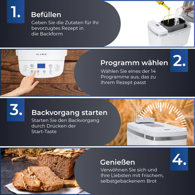 KLAMER Brotbackautomat, 14 Backprogramme, 3 einstellbare Bräunungsstufen, automatische Zubereitung von Brot, Kuchen, Pizzateig, Joghurt & Marmelade, Backform antihaftbeschichtet, Weiß