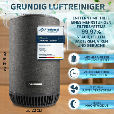 Grundig Luftreiniger Allergiker Air Purifier - Extra leise Hepa Filter + AKTIVKOHLEFILTER filtert 99,9% Schimmel Staub Pollen Viren Raucherzimmer, Luftqualitätsanzeige - 49m2 (Luftreiniger)