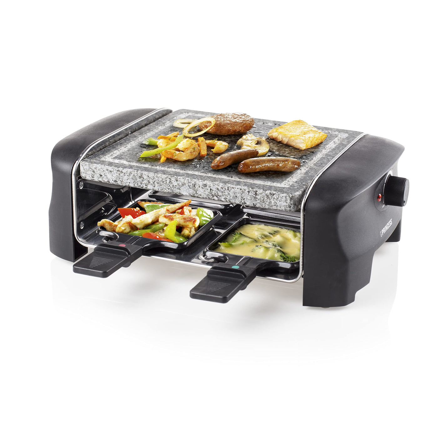 Princess Raclette Grill für bis zu 4 Personen - mit Steingrill und regelbarer Heizstufen, 600 Watt, Schwarz, 162810